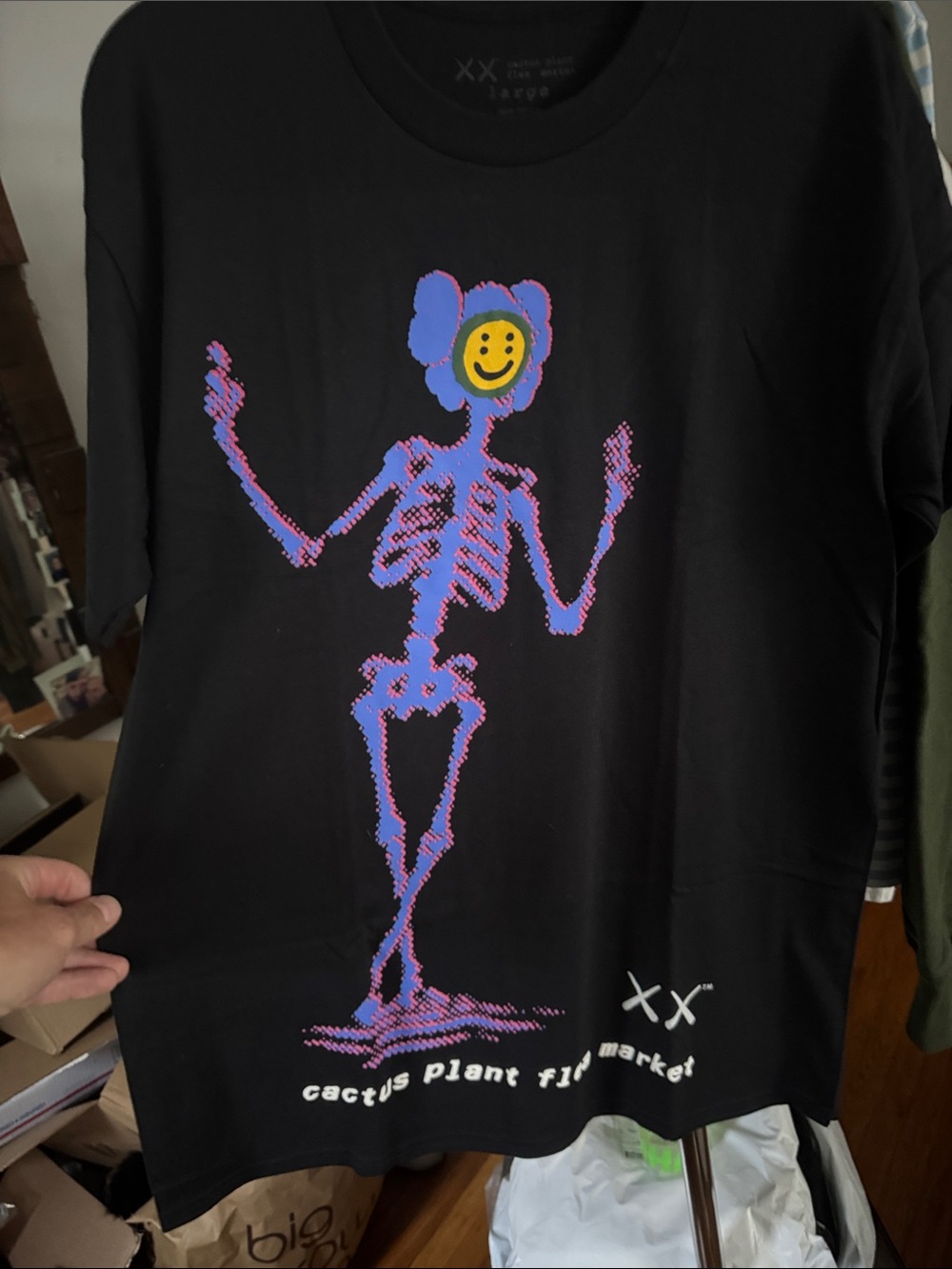 Cactus Plant Flea Market/Kaws Black Tee with Purple/Pink Skeleton Yellow Smiley